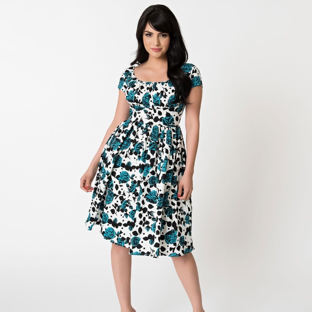1950s White and blue floral “Valencia” swing dress